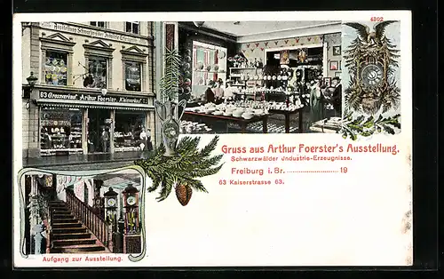 AK Freiburg i. Br., Arthur Foerster`s Ausstellung Schwarzwälder Industrie-Erzeugnisse, Kaiserstrasse 63, Innenansicht