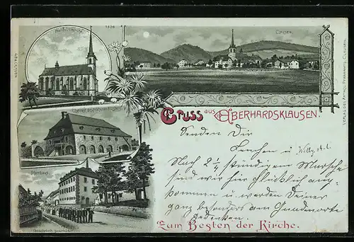 Mondschein-Lithographie Eberhardsklausen, Wallfahrtskirche, Überrest des früheren Klosters, Pfarrhaus