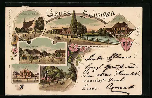 Lithographie Sulingen, Hotel Ratskeller mit Amts- u. Gerichtsgebäude, Hotel Harting, Hotel Kenneweg