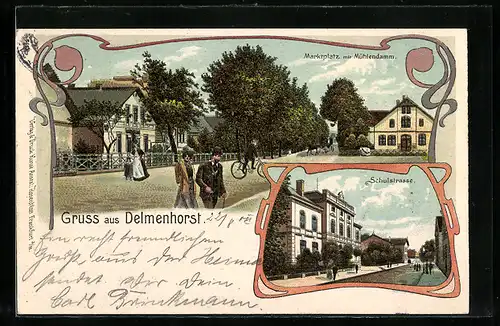 Lithographie Delmenhorst, Marktplatz mit Mühlendamm, Schulstrasse