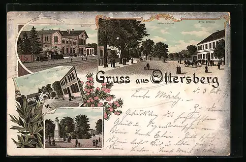 Lithographie Ottersberg / Stuhr, Hotel Gieschen mit Grünestrasse, Hotel Schloch mit Post u. Kapelle, Bahnhof