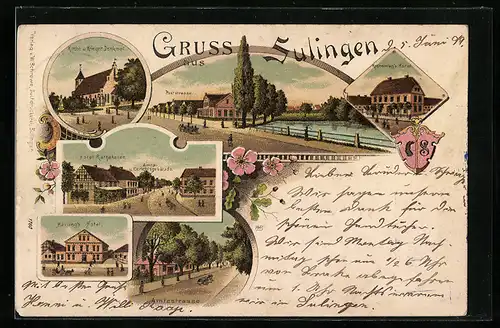 Lithographie Sulingen, Hotel Rathskeller mit Amtsgericht, Kanneweg`s Hotel, Harling`s Hotel