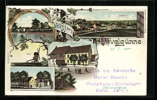 Lithographie Oevelgünne / Eilsleben, Gasthof von O. Träger, Windmühle, Uferpartie