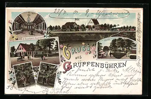 Lithographie Grüppenbühren, Gasthof G. Raschen, Inneres Saal, Garten