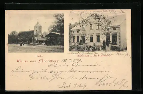AK Mildenberg / Zehdenick, Restaurant v. Otto Schwarzkopf, Kirche