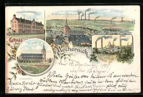 Lithographie Mechernich, Invaliden- & Waisenhaus, Kirche, Pochwerk, Ortsansicht mit Bleibergwerk