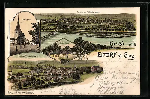 Lithographie Eitorf a. d. Sieg, Schützenburg, Totalansicht vom Krankenhaus, Marktplatz