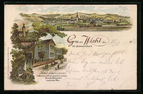 Lithographie Wiehl /Kr. Gummersbach, Hotel Adel am Bahnhof, Teilansicht