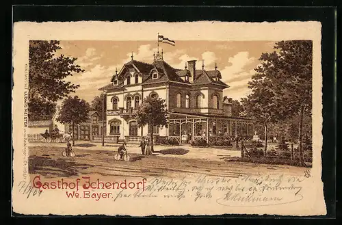 Lithographie Ichendorf / Bergheim, Gasthof Ichendorf We. Bayer