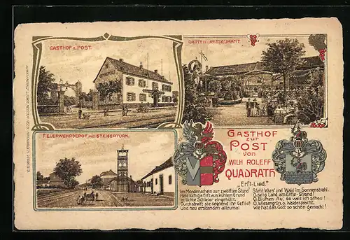 Künstler-AK Quadrath, Gasthof zur Post, Garten-Restaurant, Feuerwehrdepot mit Steigerturm