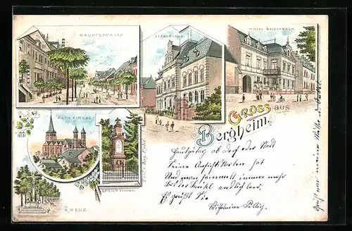Lithographie Bergheim / Erft, Hotel Weidenbach, Ständehaus, Krieger-Denkmal
