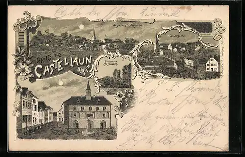 Lithographie Castellaun, Gesamtansicht bei Mondschein, Burgruine Castellaun, Teilansicht