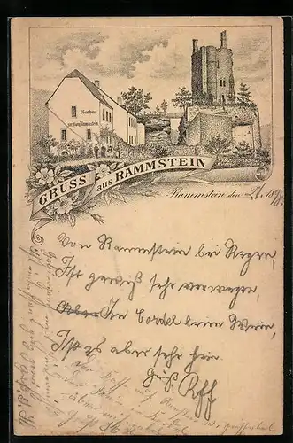 Lithographie Rammstein, Gasthaus zur Burg Rammstein und Burgruine