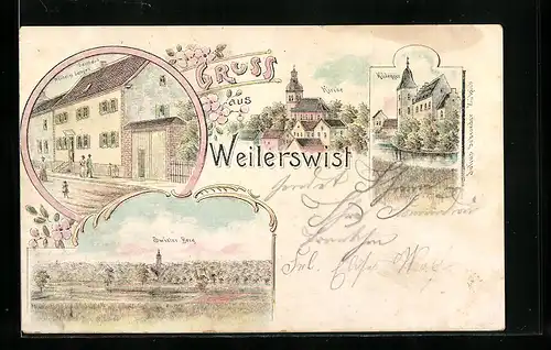 Lithographie Weilerswist, Gasthaus W. Langen, Swister Berg, Kirche