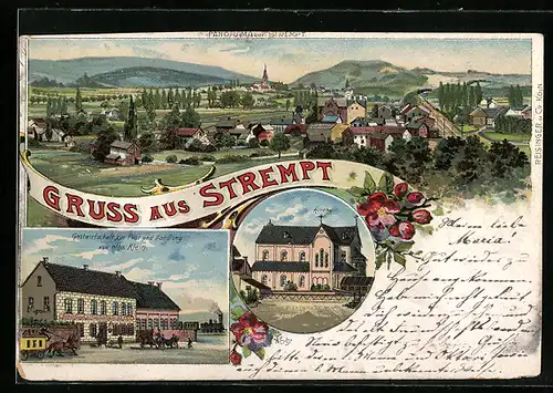 Lithographie Strempt, Gasthaus zur Post J. Klein mit Pferdebahn, Kirche, Gesamtansicht mit Umgebung
