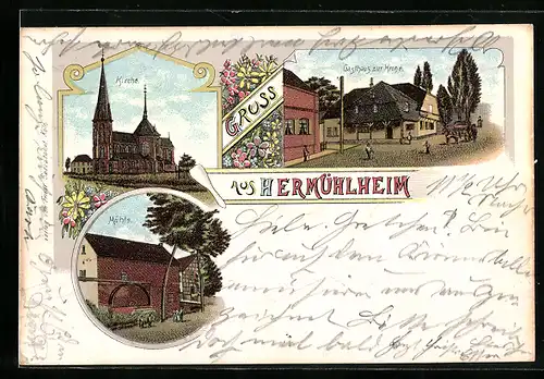 Lithographie Hermühlheim, Gasthaus zur Krone mit Strasse, Mühle und Kirche