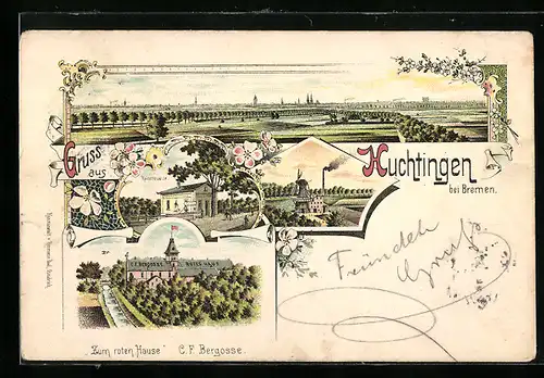 Lithographie Huchting / Bremen, Gasthof zum roten Hause C. F. Bergosse, Kaiserquelle, Windmühle