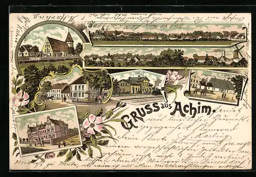 Lithographie Achim / Stadt, Kaufhaus Waje, Krieger-Denkmal und Gasthaus, Bahnhof