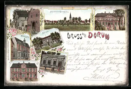 Lithographie Dorum, Meyer`s Hotel, Panorama, Volksschule, Bahnhofshotel, Apotheke