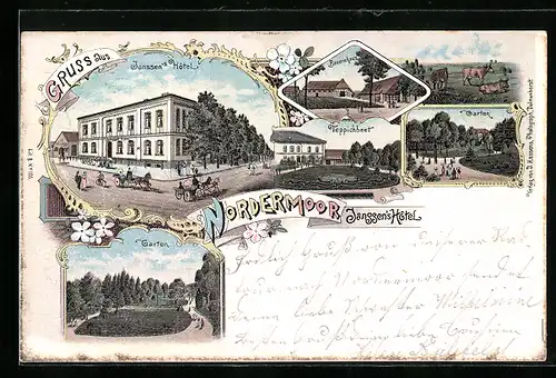 Lithographie Nordermoor, Janssens Hotel mit Strasse, Bauernhaus