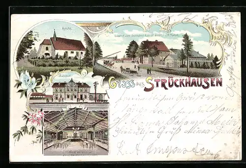 Lithographie Strückhausen, Bahnhof, Gasthof zum deutschen Kaiser J. H. Haase mit Saal