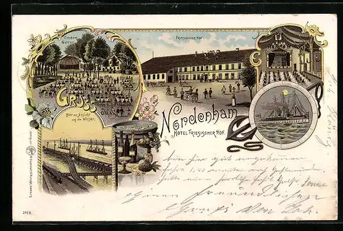Lithographie Nordenham, Hotel Friesischer Hof mit Ballsaal und Conzert-Garten, Pier mit Weserblick