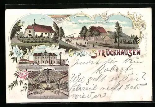 Lithographie Strückhausen, Gasthof zum deutschen Kaiser Haase mit Strasse, Bahnhof