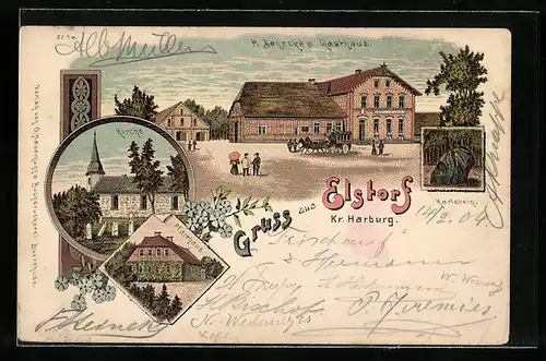 Lithographie Elstorf /Kr. Harburg, Gasthaus P. Benecke, Karlstein, Pfarrhaus und Kirche