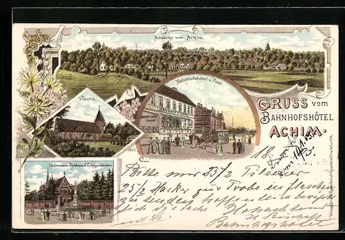 Lithographie Achim / Stadt, Bahnhofshotel & Post, Kirche, Lindemanns Schloss, Ortsansicht