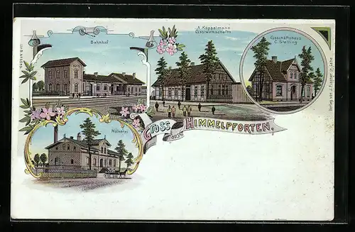 Lithographie Himmelpforten / Niederelbe, Bahnhof, Molkerei, Gasthaus A. Koppelmann, Geschäftshaus C. Stelling