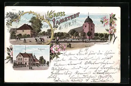 Lithographie Lamstedt, Grosse Strasse, Postamt, Kirche