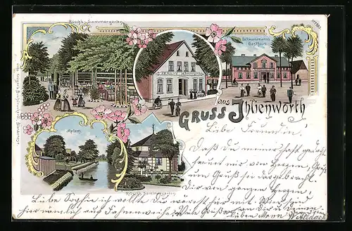 Lithographie Ihlienworth, Gasthaus Rüschs Sommergarten, Schwanemanns Gasthof