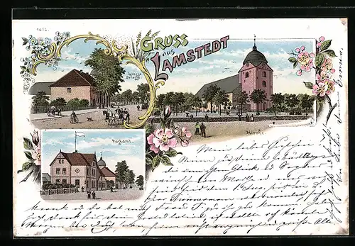 Lithographie Lamstedt, Grosse Strasse, Postamt, Kirche