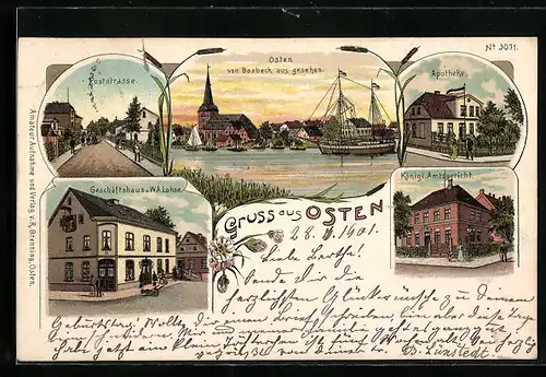 Lithographie Osten, Geschäftshaus, Apotheke, Poststrasse