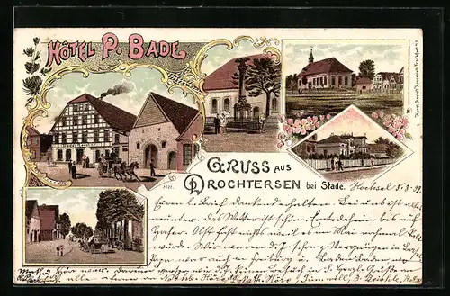Lithographie Drochtersen, Hotel P. Bade, Strassenpartie, Ortsansicht