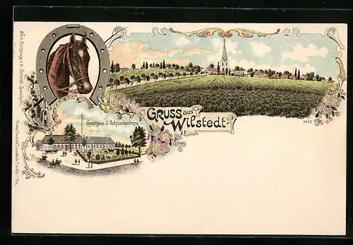 Lithographie Wilstedt / Tarmstedt, Gasthaus J. Schnackenberg, Reitpferd, Hufeisen-Rahmen, Ortspanorama
