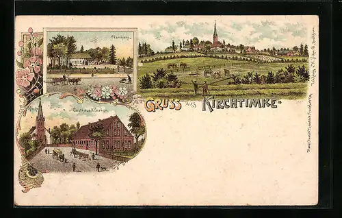 Lithographie Kirchtimke, Gasthaus H. Gerken mit Kirche, Pfarrhaus, Ortsansicht