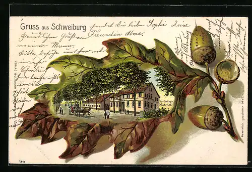 Präge-Lithographie Schweiburg, Grönigs Gasthof mit Strasse im Eichenblatt-Passepartout