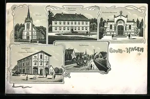 Lithographie Hagen / Br., Hauptstrasse, Oberförsterei m. Stahleiche, Geschäftshaus