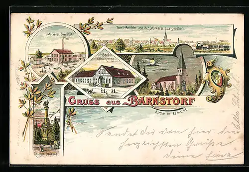 Lithographie Barnstorf / Diepholz, Molkerei, Kriegerdenkmal, Kirche, Totalansicht, Wappen