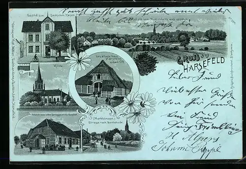 Mondschein-Lithographie Harsefeld, Gasthof zum Deutschen Kaiser, Schulstrasse mit Ww. Brüggemanns Gasthof