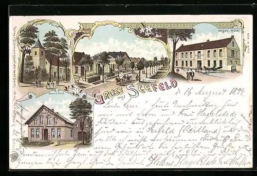 Lithographie Seefeld / Oldenburg, Woges Hotel, Kaiserl. Post, Kirche, Strassenpartie