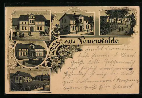 Lithographie Neuenwalde, Sievers Gasthaus, von BergenÄs Villa, Kirche-neues-Kloster