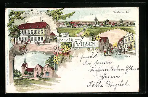 Lithographie Vilsen, Hotel Louisville, Kirchstrasse und Kirche
