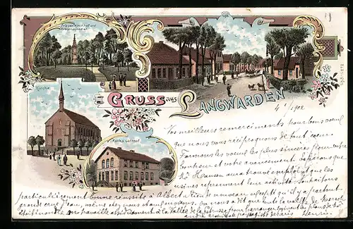 Lithographie Langwarden, Kucks Gasthof, Friesenkirchhof und Kriegerdenkmal