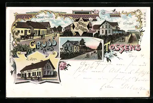 Lithographie Tossens, Gröne`s Gasthof, Strandhof, Geschäft H. Hayen