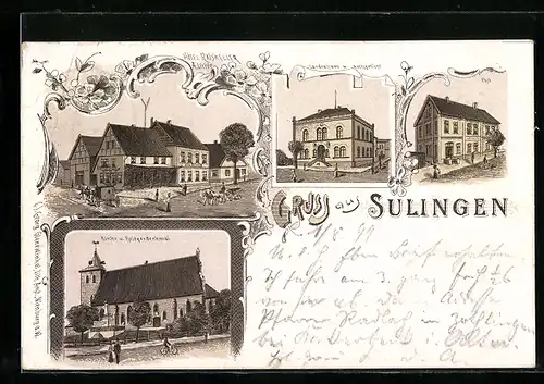 Lithographie Sulingen, Hotel Ratskeller, Landratsamt u. Amtsgericht, Kirche u. Kriegerdenkmal