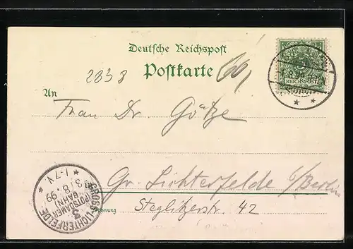 Lithographie Sulingen, Hotel Ratskeller, Landratsamt u. Amtsgericht, Kirche u. Kriegerdenkmal