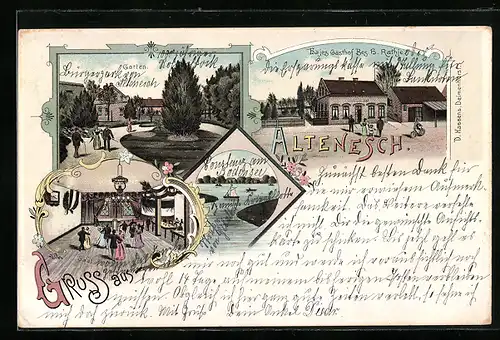 Lithographie Altenesch, Hajes Gasthof, Garten und Saal, Segelschiff auf dem See