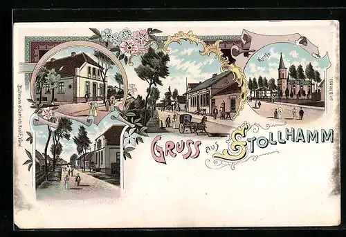 Lithographie Stollhamm, Kirche, Strassenansichten aus dem Ort